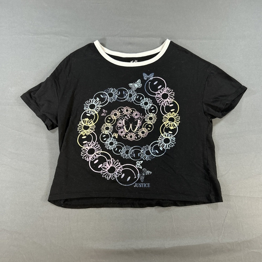 Justice Girls Black Cropped Multicolor Graphic Tee Shirt Size Medium 10 307262